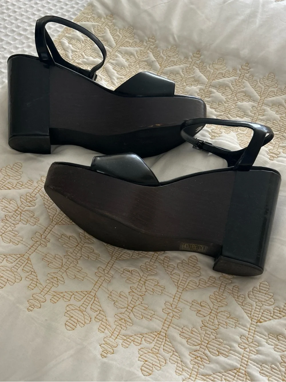 Gucci Black Patent Platform Wedge Sandals with Wood-Look Sole
